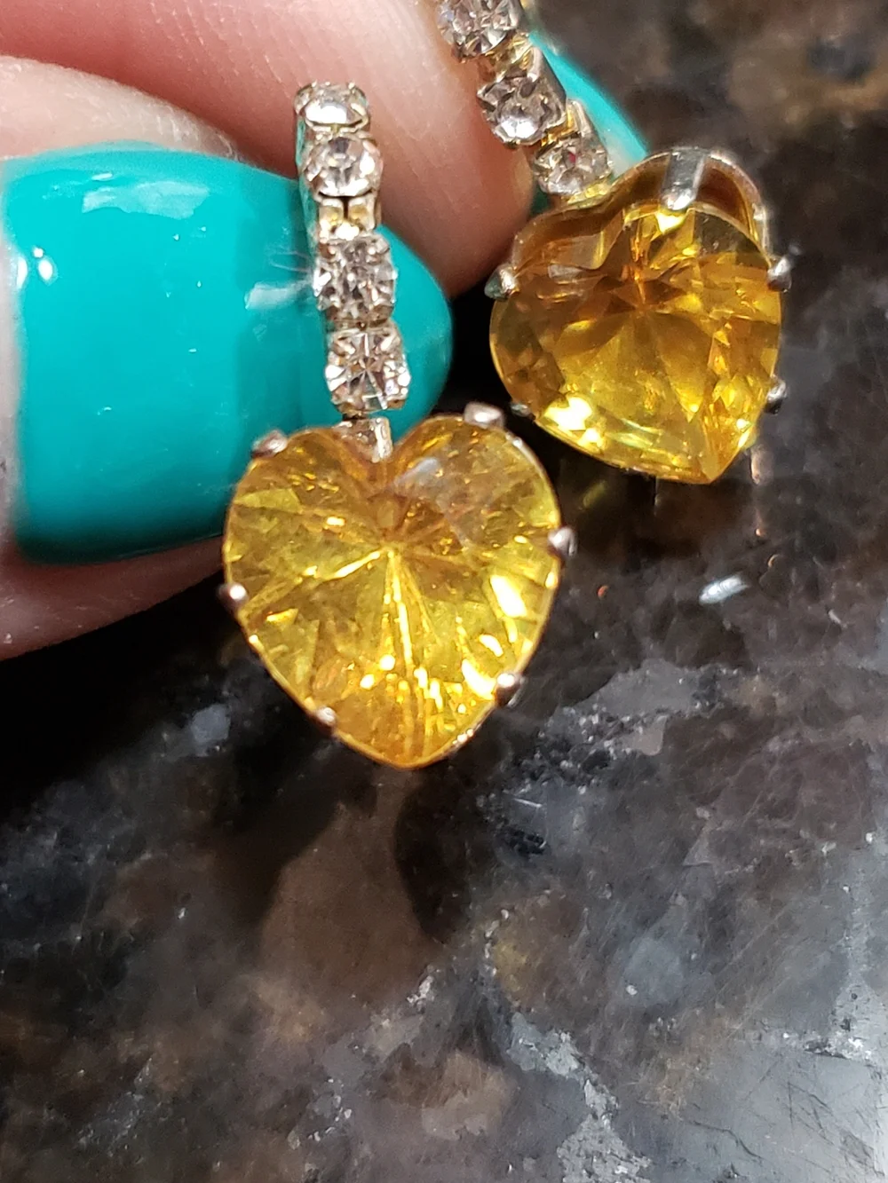Vintage Yellow Glass Heart  Drop Earrings